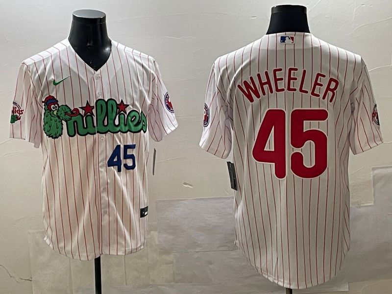 Men Philadelphia Phillies #45 Wheeler White Stripe Three generations Joint Name Game 2025 Nike MLB Jersey style 3->philadelphia phillies->MLB Jersey
